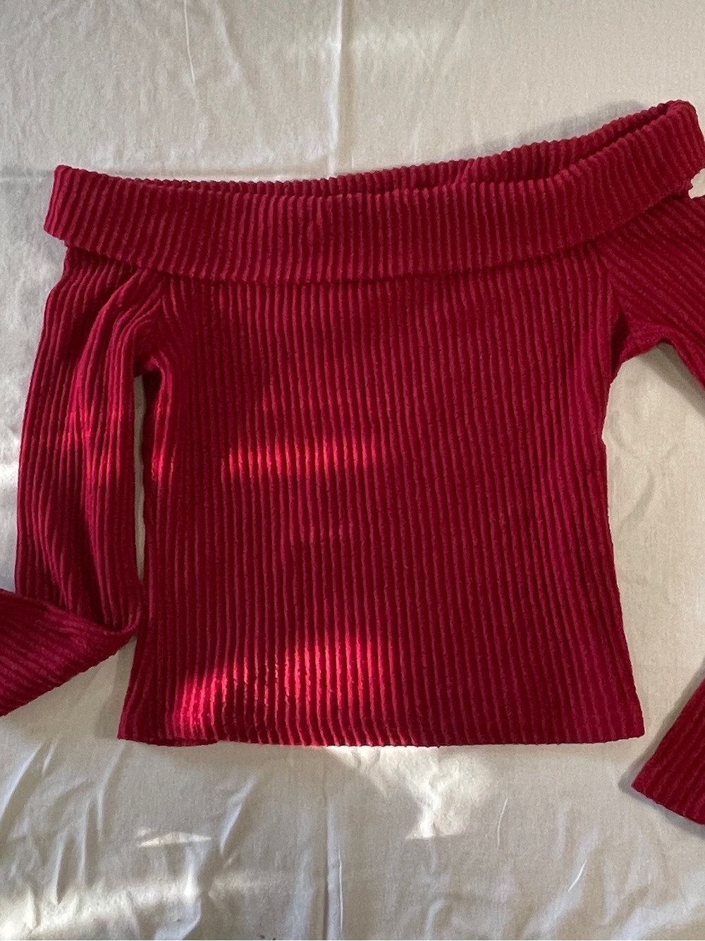 Off-the-Shoulder Ribbed Sweater Top Dark Burgundy, Stretchy Long Sleeve, Size M
